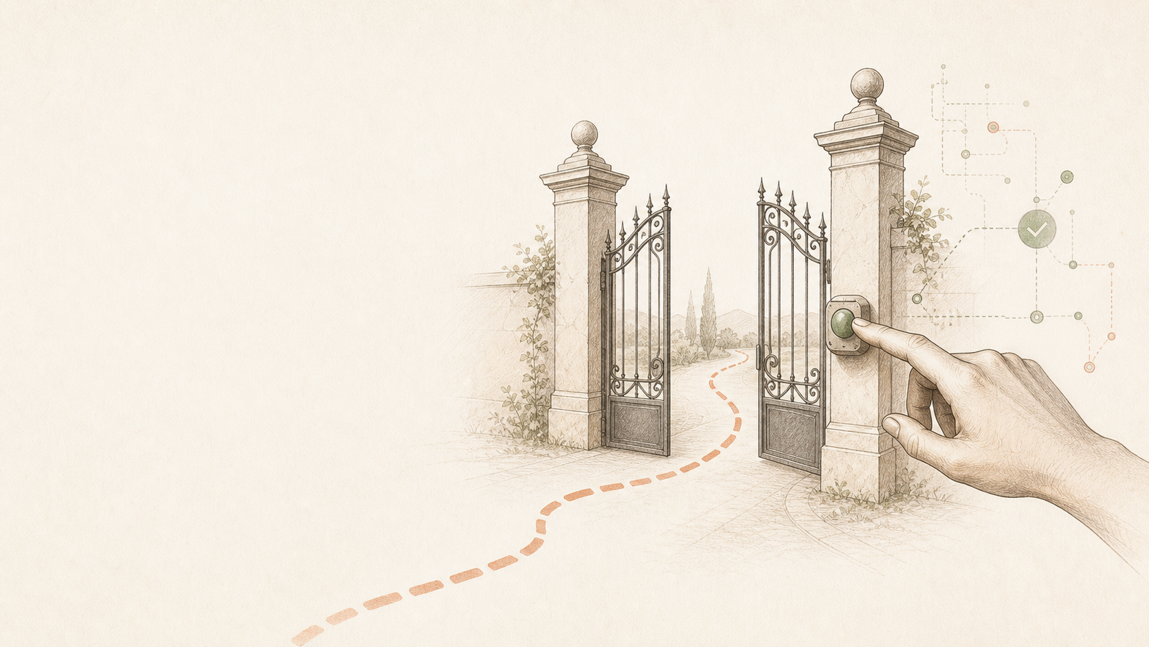 An illustrated European gate opening after a human approval